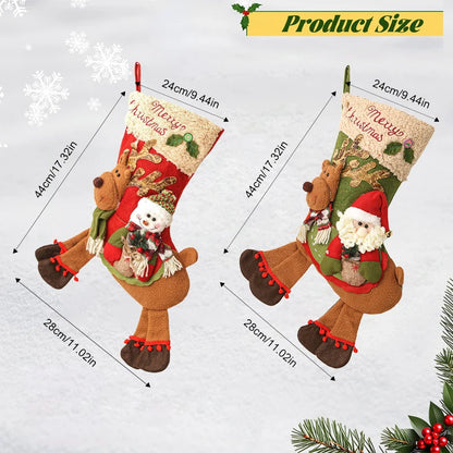 Plush Christmas Stocking — Reindeer & Santa Claus Design