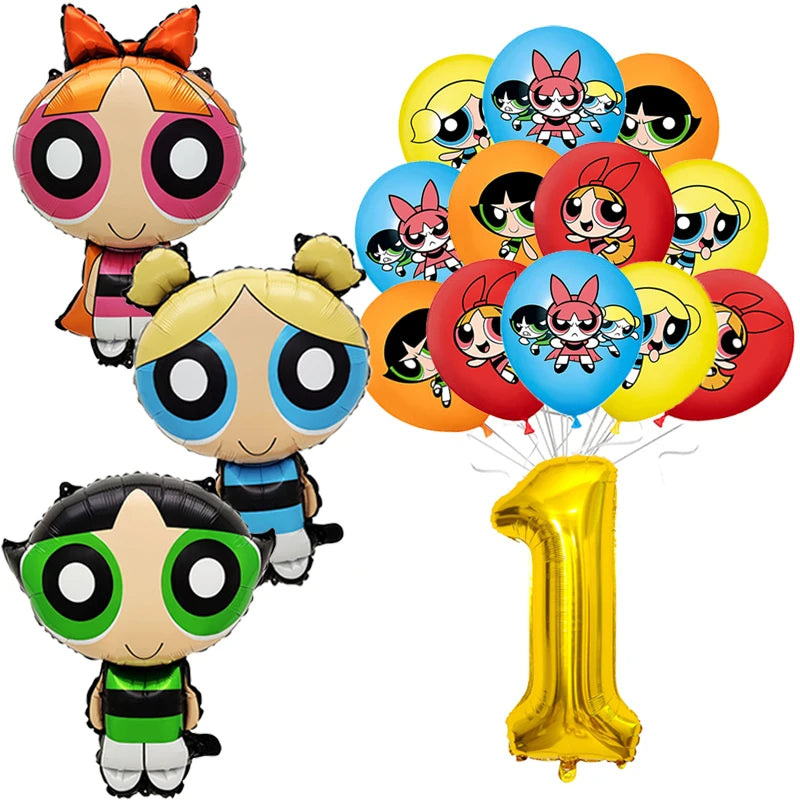 Cartoon Powerpuff Girls 1-9th Birthday Party Balloon Decoration Kit Number Foil Balloon Cake Topper Baby Shower Favors Globos