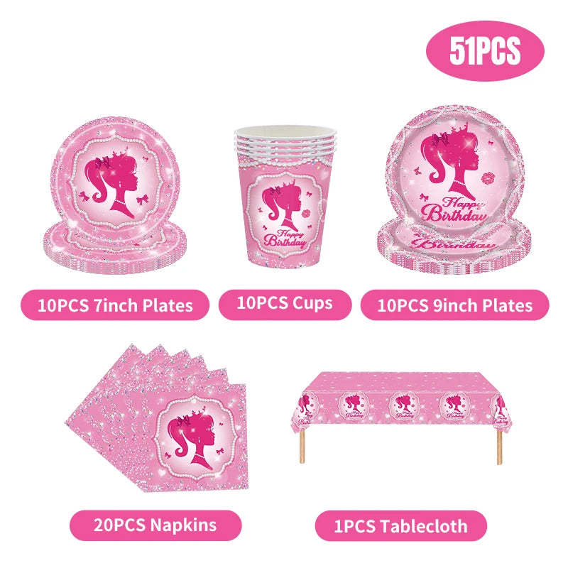 New Princess Birthday Party Decoration Tableware Pink Princess Theme Plates Cups Napkins Ballon Girl Birthday Party Supplies kit
