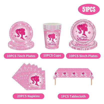 New Princess Birthday Party Decoration Tableware Pink Princess Theme Plates Cups Napkins Ballon Girl Birthday Party Supplies kit