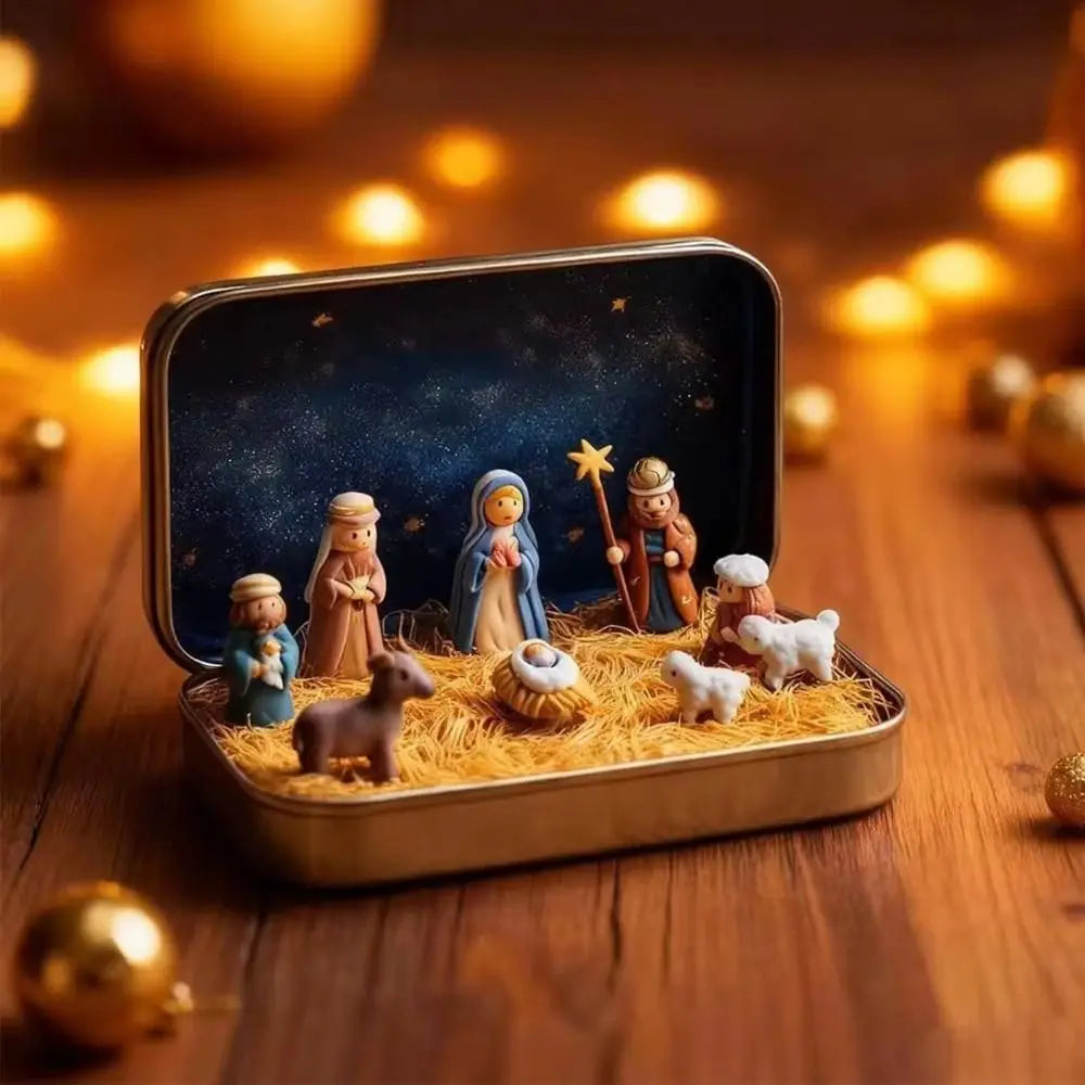 PVC Christmas Nativity Set Mini Size Horse Trough Design Nativity Figurine Set Tin Box Packaging Miniature Scene Figurine