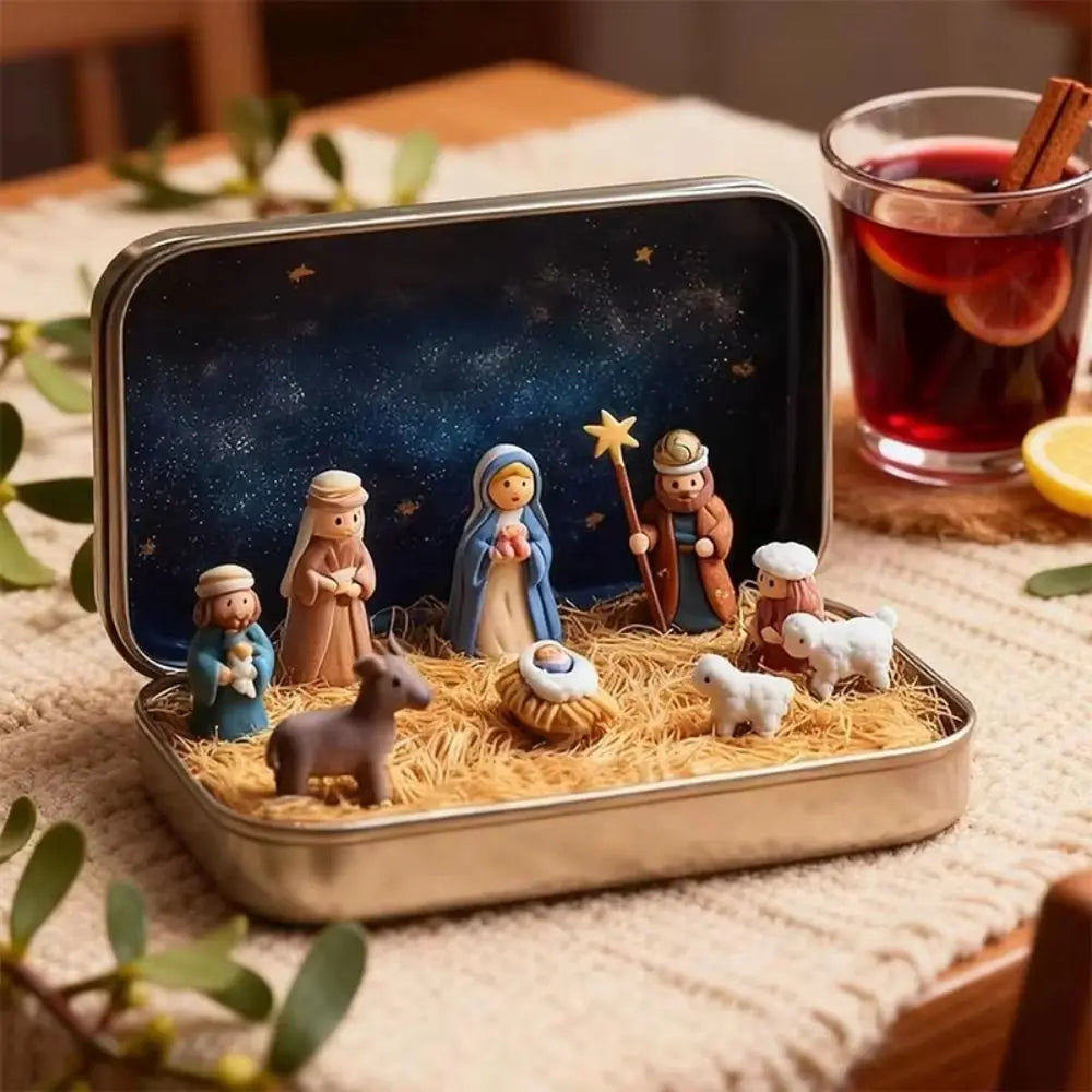 PVC Christmas Nativity Set Mini Size Horse Trough Design Nativity Figurine Set Tin Box Packaging Miniature Scene Figurine