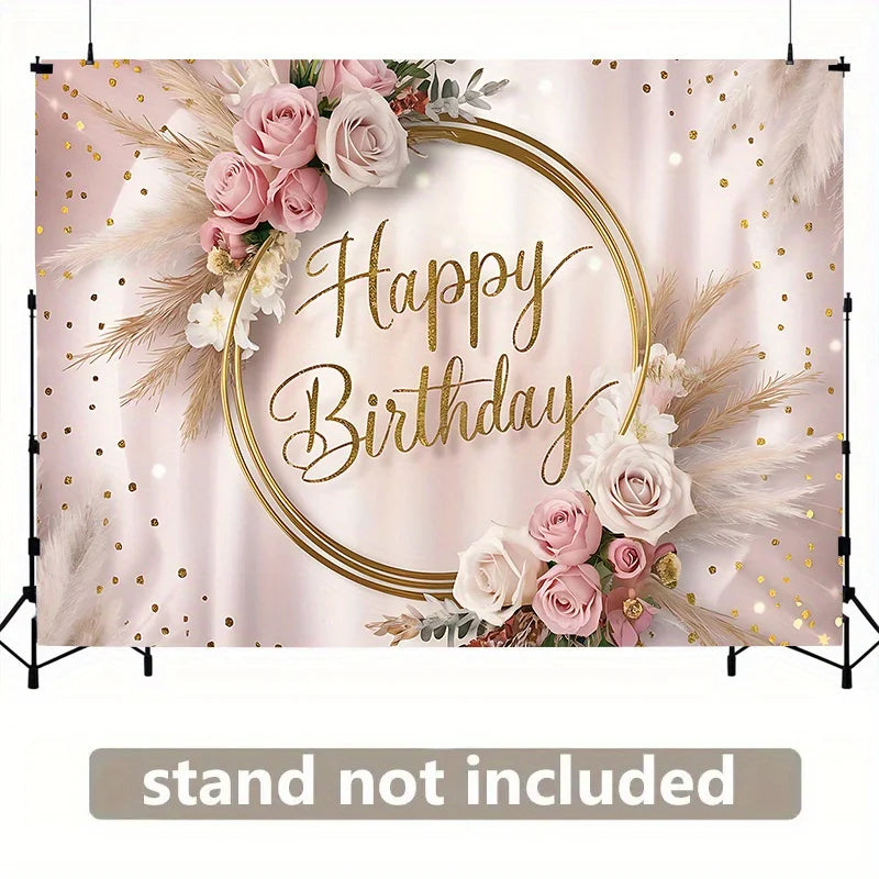Happy Birthday Party Banner | Multi colored background with floral and gold glitter accents | Elegant Pink