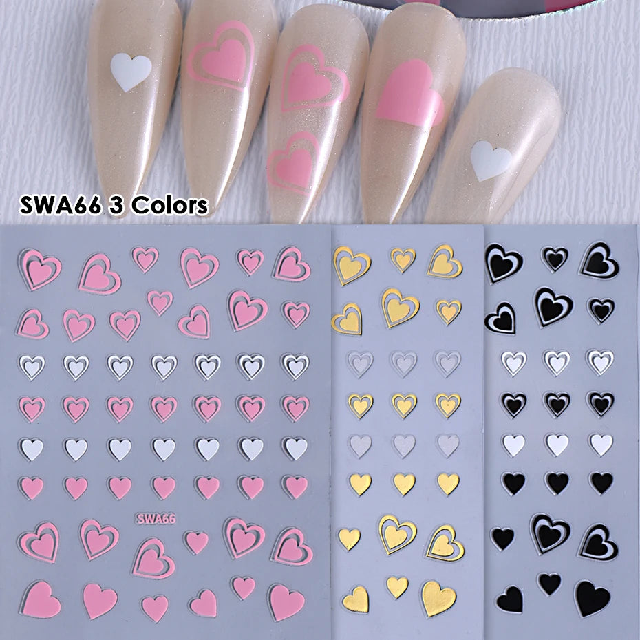3pcs Valentine's Day Nail Art Stickers 3D Black White Pink Lines Love Heart Nail Decals DIY Adhesive Slider Manicure Decorations