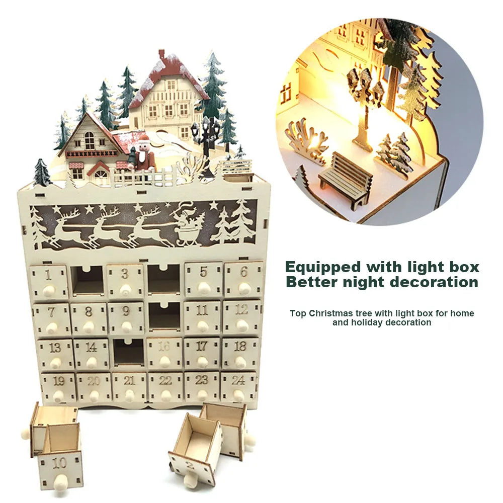 Advent Calendars Christmas Wooden Advent Calendar LED Lighted Village House Countdown Ornament with Drawers Box Decor Gift