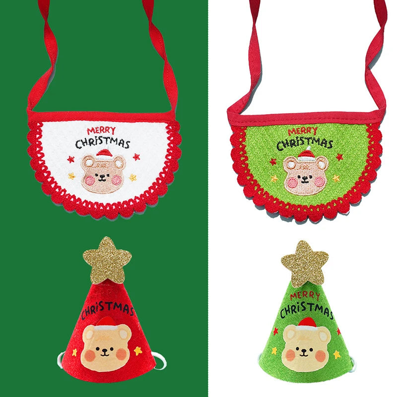 Christmas Pet Bibs Hats Bear Embroidered Felt Xmas Dog Costume Set Christmas Tree Hat for Cats Dogs Christmas Party Pets Supplie