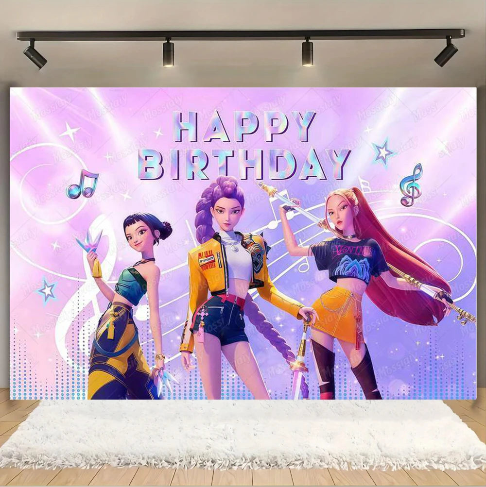 Kpop Theme Girl's Birthday Party Decoration Backdrop Pink Demons Kids Birthday Party Supplies Decor Banner Background Photo Prop