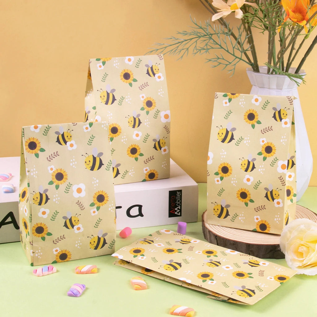 10/20pcs Yellow Bee Gift Bag Cute Bee Sunflower Print Paper Bags Birthday Party Packing Supplies Summer Party Candy Bag Kid Gift