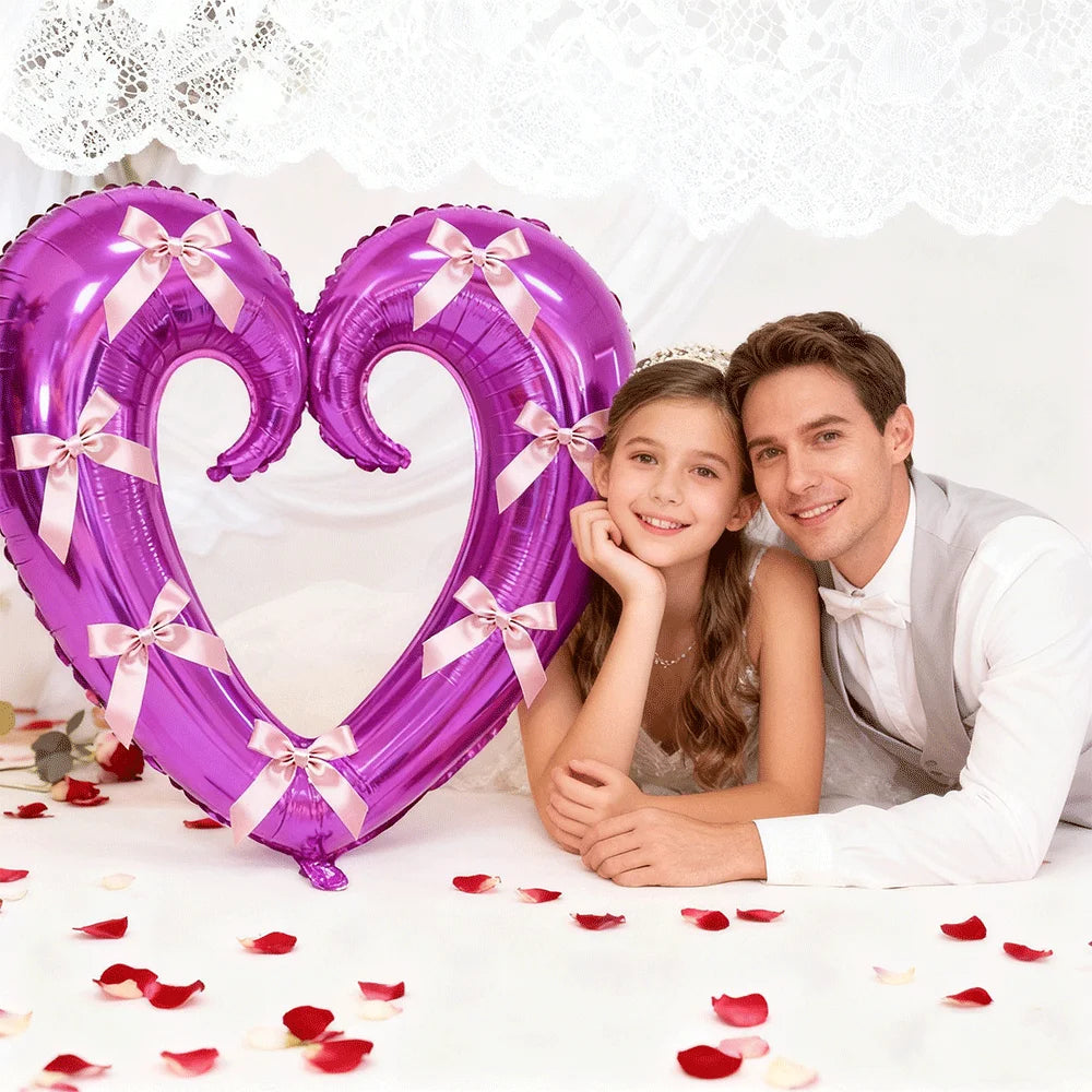 40inch Giant Heart-Shaped Foil Balloon with Pink Bows Multi-Colored for Valentine's Day Wedding Birthday Party Decor Photo Props