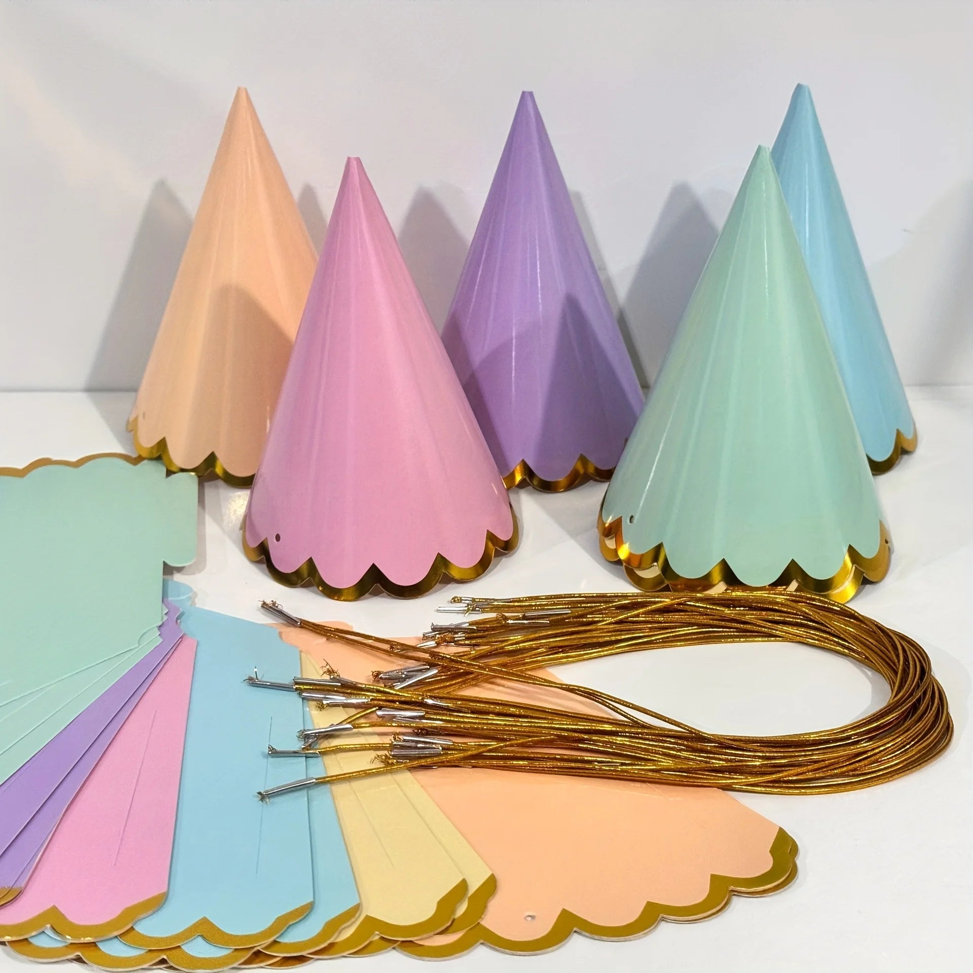 6pcs Elegant Themed Party Hats with Golden Ruffled Edges - Pastel Colors, Perfect for Weddings, Birthdays, Bridal Showers & More