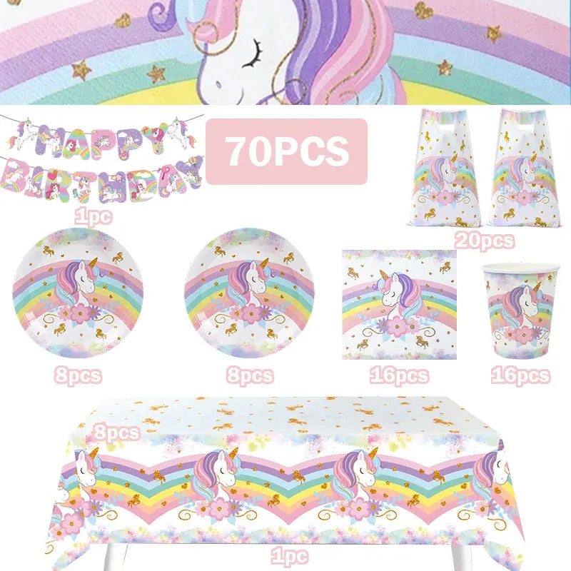 Unicorn Girls Birthday Decoration Party Supplies Unicorn Theme Tableware Set Cup Plate Balloon Banner Gift  for Kids Party Favor