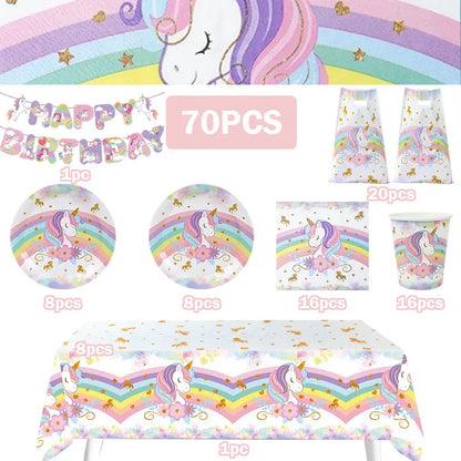 Unicorn Girls Birthday Decoration Party Supplies Unicorn Theme Tableware Set Cup Plate Balloon Banner Gift  for Kids Party Favor