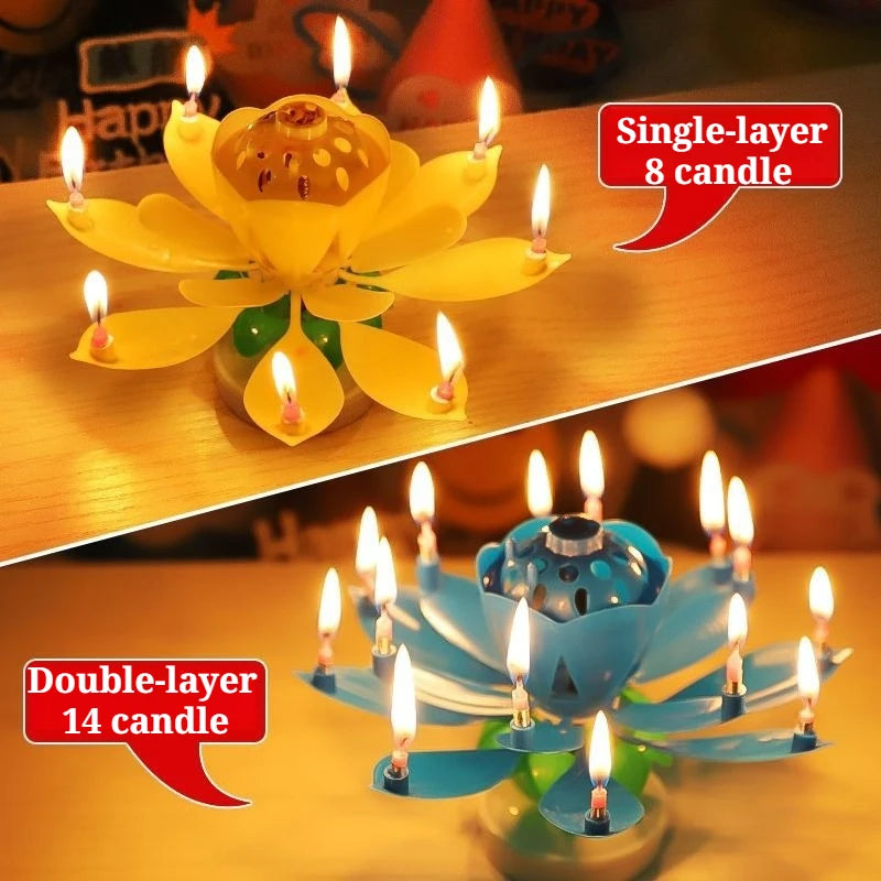 Birthday Lotus Candle, Rotating Music Flower Candle with Happy Birthday Song, Single/Double Layer Electronic Candle for Party