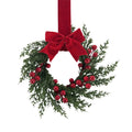 Artificial Christmas Wreath 10 Inch Winter Greenery Wreath Front Door Holiday Porch Wall Decor with Red Berries And Velvet Bow
