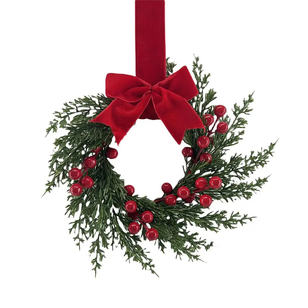 Artificial Christmas Wreath 10 Inch Winter Greenery Wreath Front Door Holiday Porch Wall Decor with Red Berries And Velvet Bow