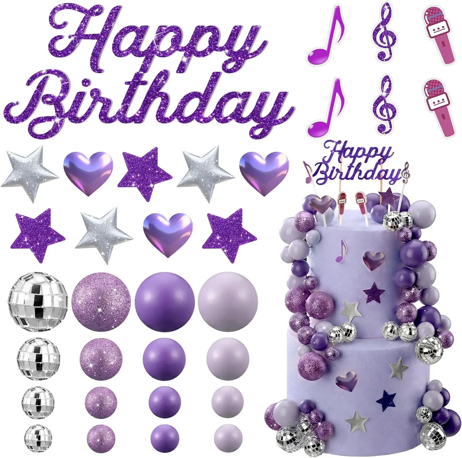 K-Pop Theme Cake Topper Kit: 3D Disco Balls, Heart, Stars & “Happy Birthday” – Ideal for Music Lovers