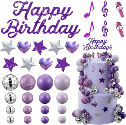 K-Pop Theme Cake Topper Kit: 3D Disco Balls, Heart, Stars & “Happy Birthday” – Ideal for Music Lovers