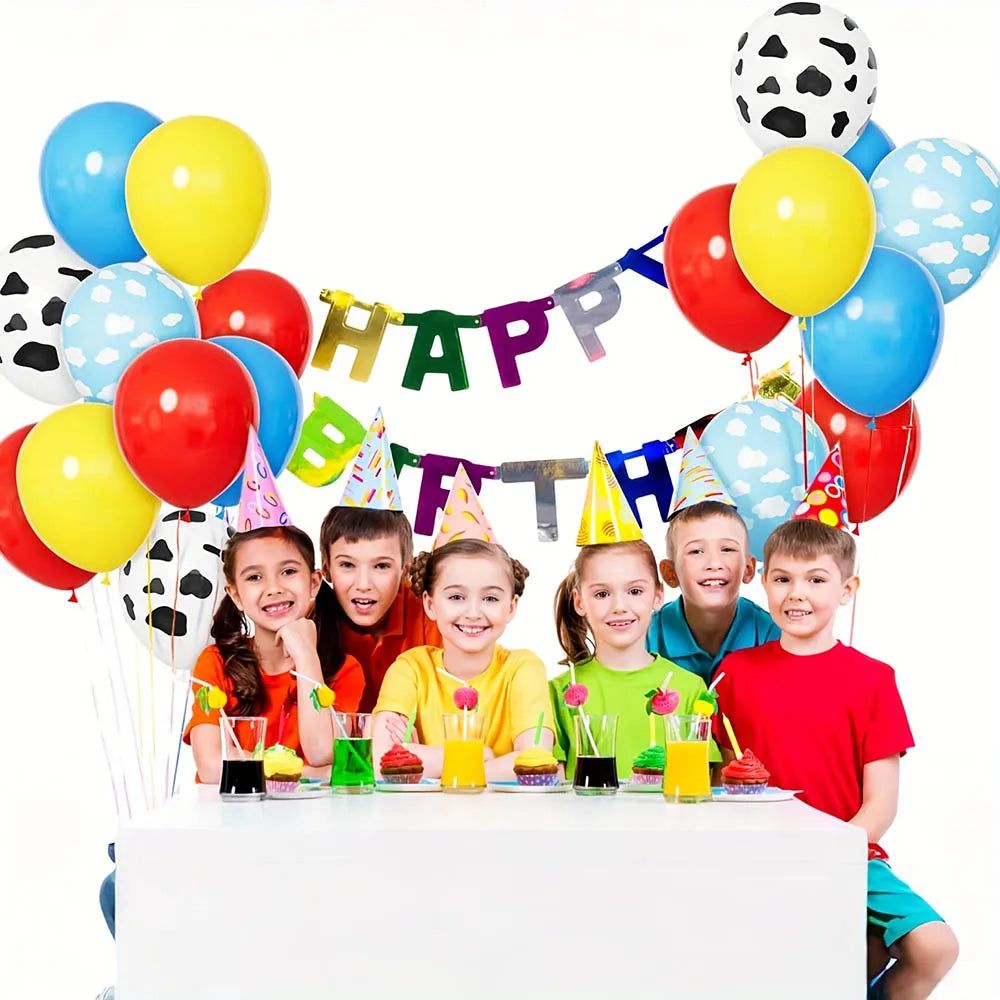 1set Story Balloon Yellow Blue Red Balloon Kit Boys' Birthday Shower Decoration Theme Cloud Cow Printing Balloon Party Supplies