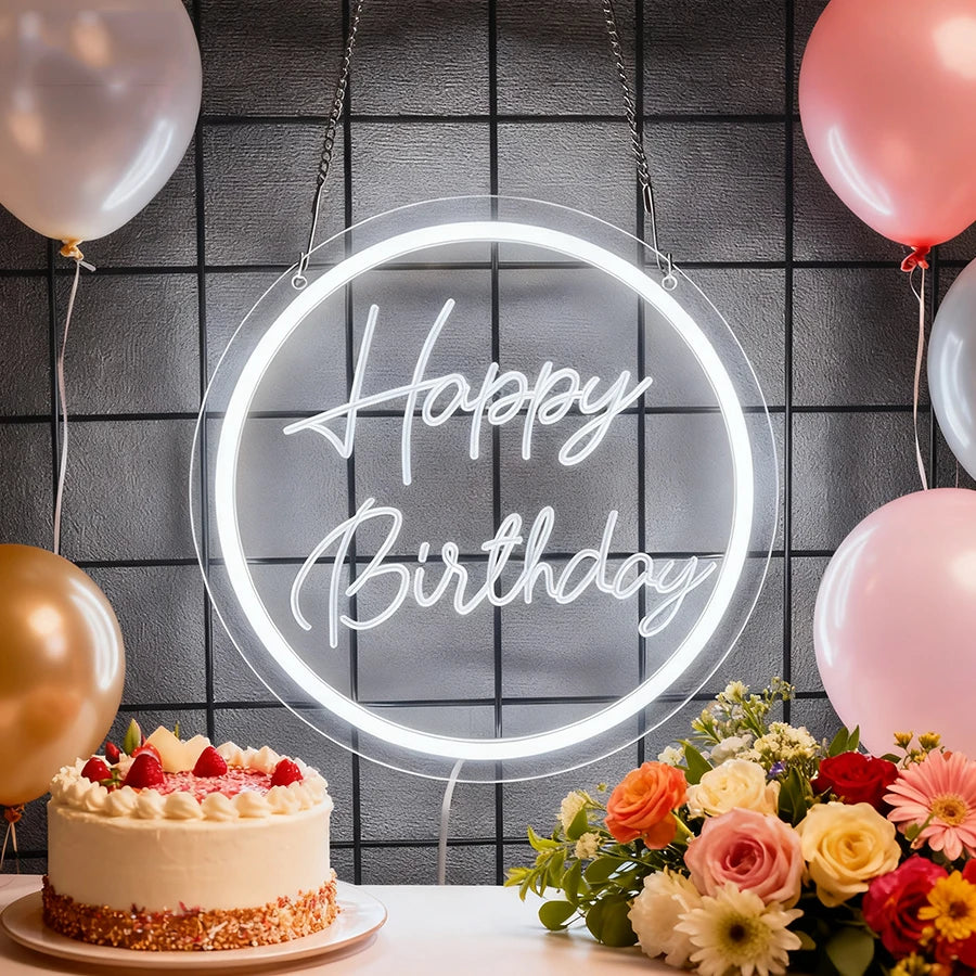Happy Birthday Neon Sign for Wall Decor, USB Powered LED Neon Sign with Switch, Ideal for All Ages Home Party Decor