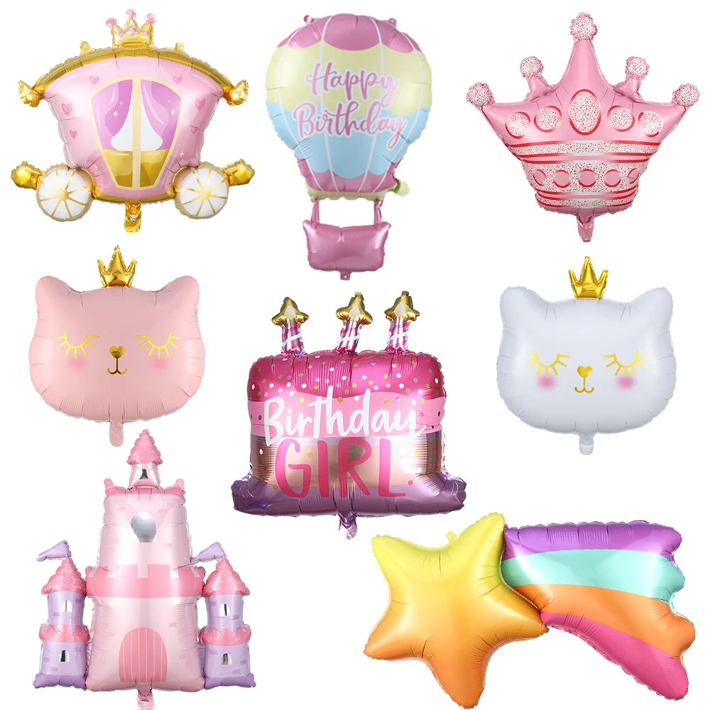 Princess Birthday Party Decor Pink Castle Carriage Crown Cat Birthday Cake Foil Balloon Girl Birthday Baby Shower Party Supplies