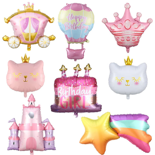 Princess Birthday Party Decor Pink Castle Carriage Crown Cat Birthday Cake Foil Balloon Girl Birthday Baby Shower Party Supplies