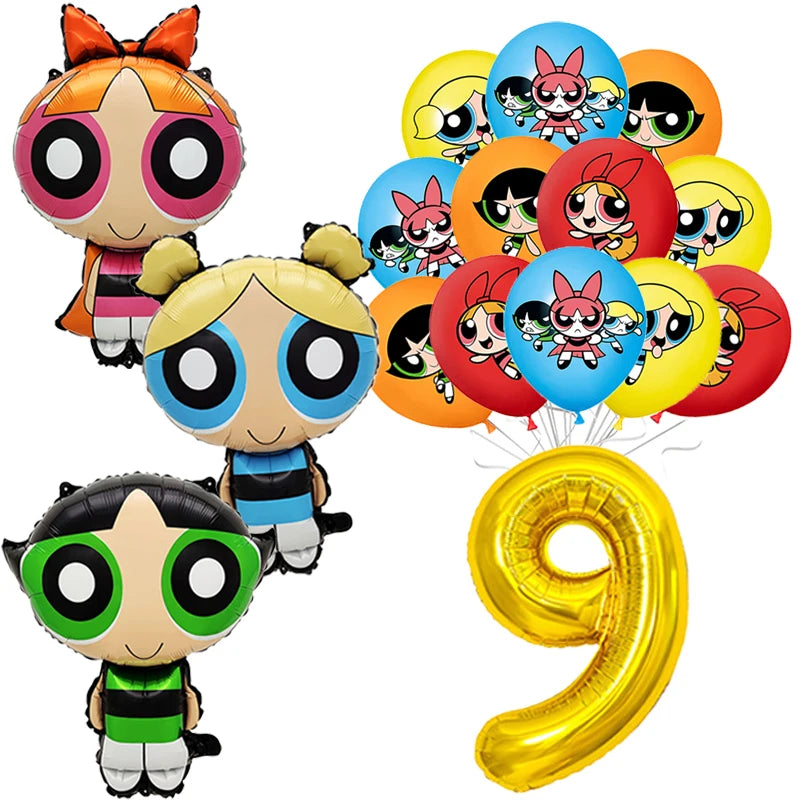 Cartoon Powerpuff Girls 1-9th Birthday Party Balloon Decoration Kit Number Foil Balloon Cake Topper Baby Shower Favors Globos