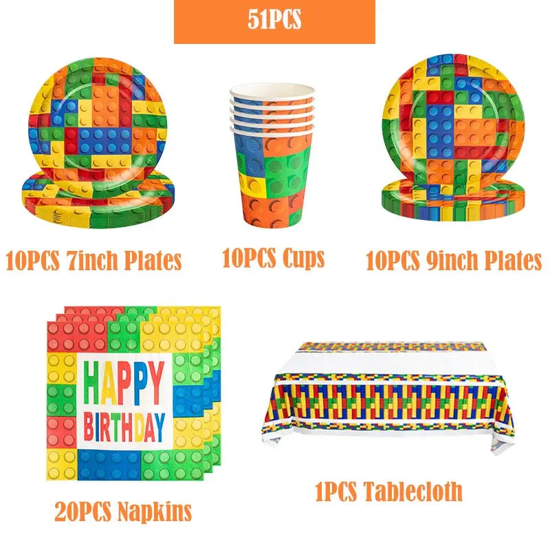 Kids Building Blocks Birthday Party Decoration Colorful Building Block Theme Party Supplies Kit Plates Cups Napkins Straw Ballon