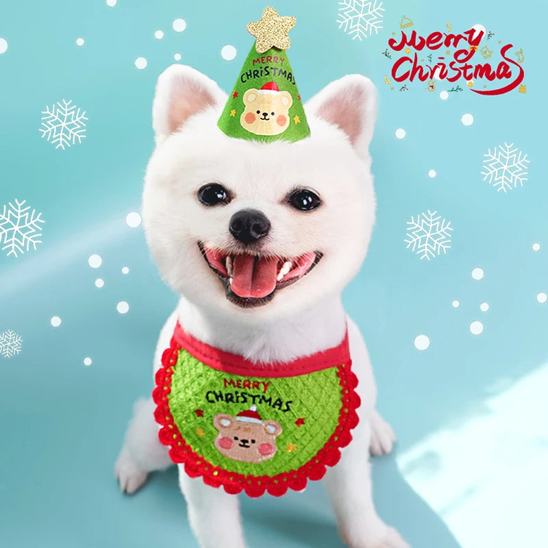 Christmas Pet Bibs Hats Bear Embroidered Felt Xmas Dog Costume Set Christmas Tree Hat for Cats Dogs Christmas Party Pets Supplie