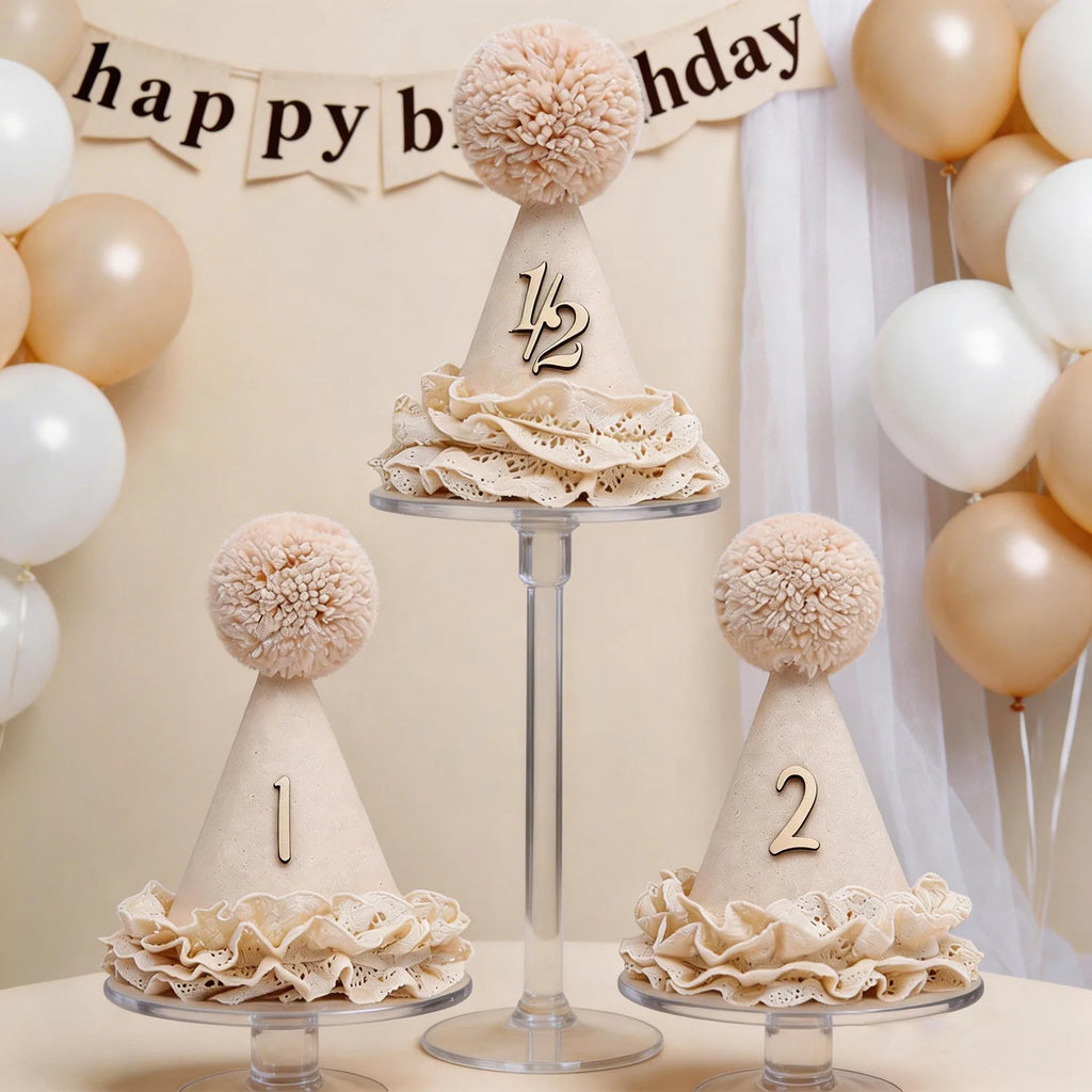 1 Birthday Hat – Neutral One Half Party Crown for Boys & Girls with Handcrafted Pom & Lace Ruffle Party Supplies