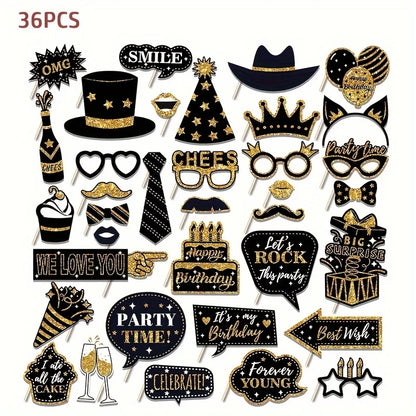 36pcs of Birthday Photo Booth Props Happy Birthday Props, Birthday Party Photo Decoration Props Set, Decoration Party