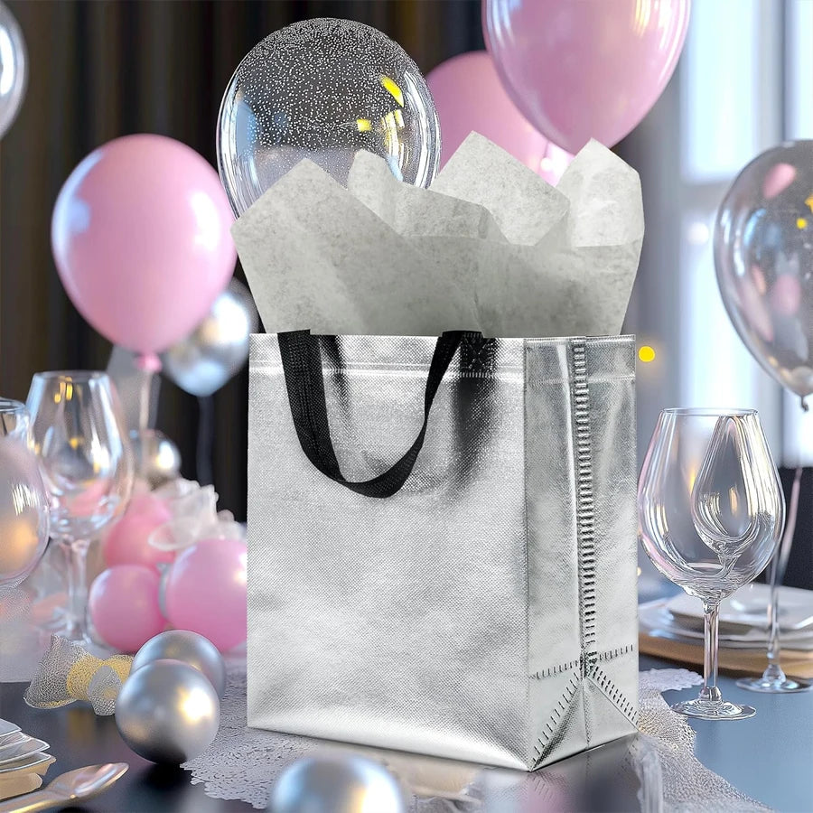 16/8PCs Reusable Gift Bags Giftbag Glossy Silver, with handle 10x4x8in Metallic Bling Design Holiday Gift Bag with Handles.