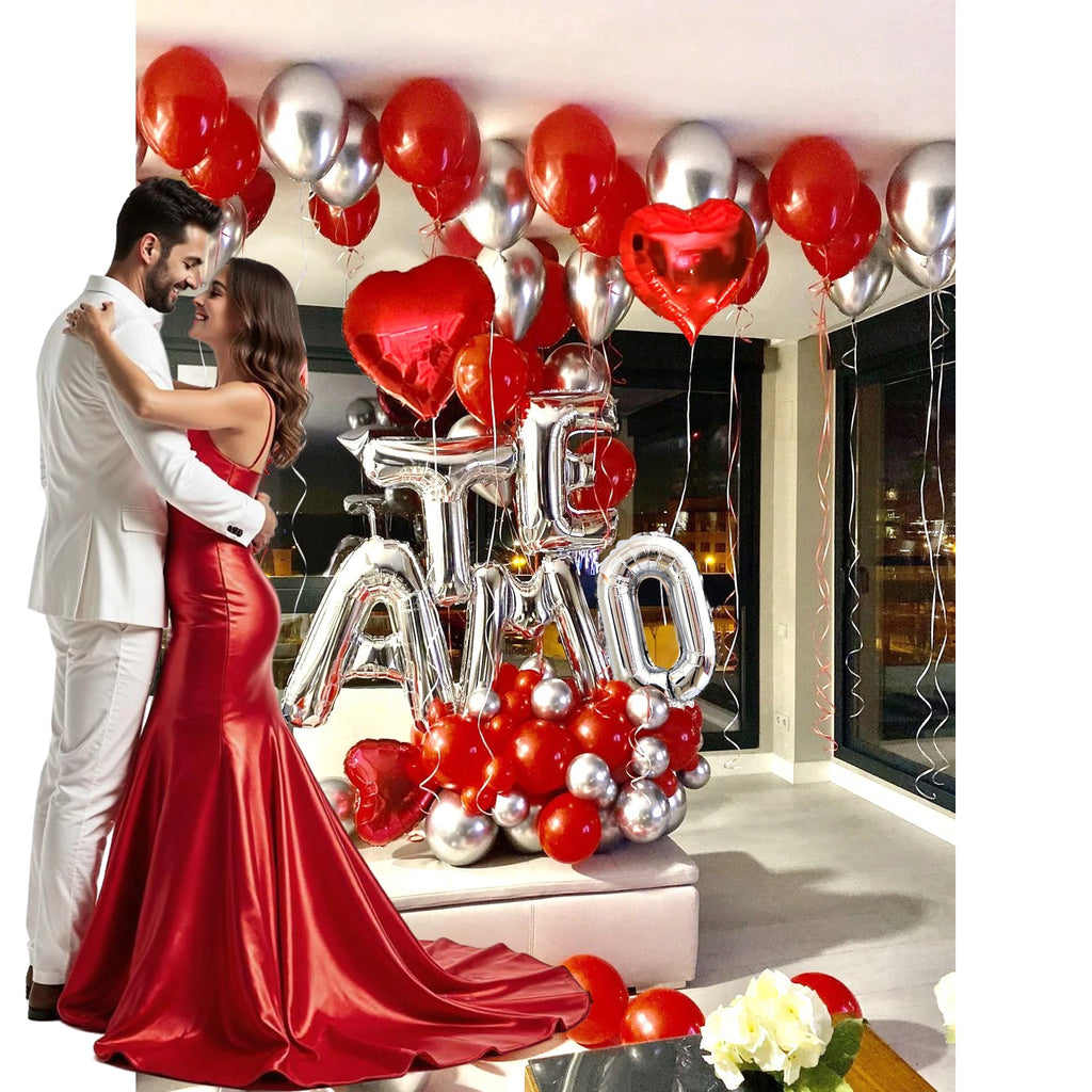 29pcs Balloons & 200pcs Petals Silver TE AMO Letter Set, I Love You Balloons, Metallic Silver & Red Heart for Valentine's Day,