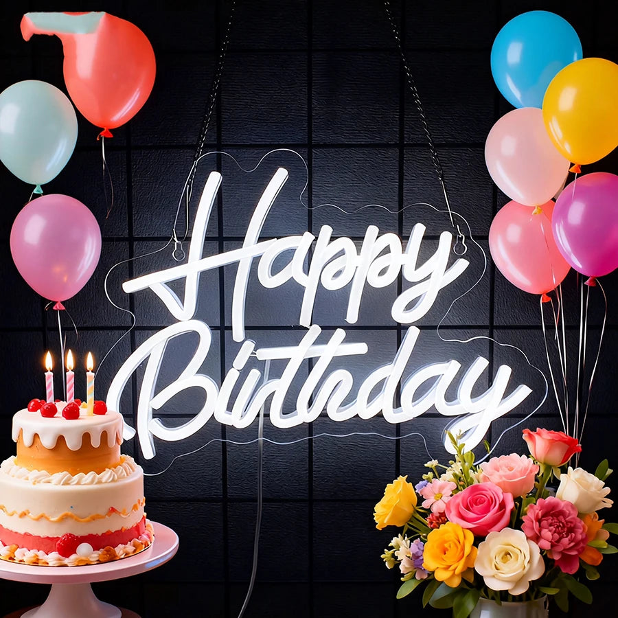 Happy Birthday Neon Sign for Wall Decor, USB Powered LED Neon Sign with Switch, Ideal for All Ages Home Party Decor