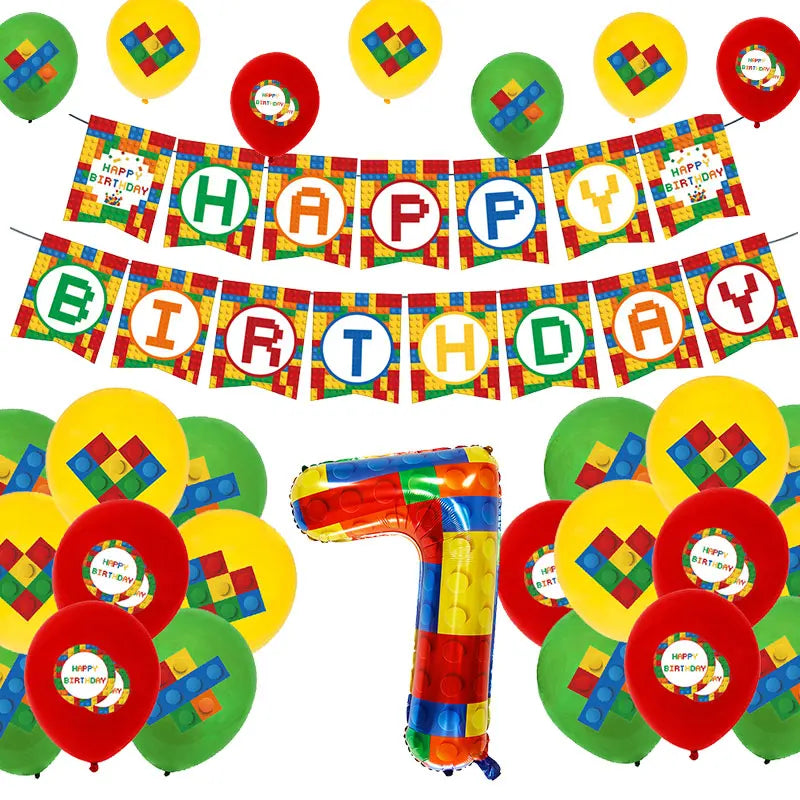 Kids Building Blocks Birthday Party Decoration Colorful Building Block Theme Party Supplies Kit Plates Cups Napkins Straw Ballon