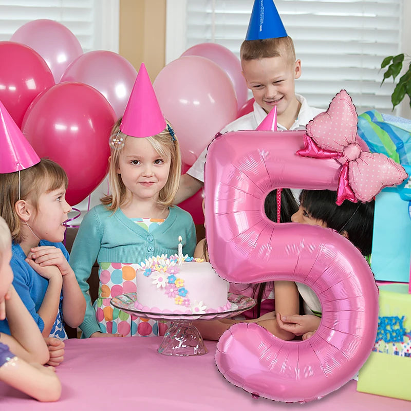 1Pc Large 40inch Number Pink Foil Balloon With Bow 1 2 3 4 5 6 7 8 9 For Kid Boys Girls Birthday Party Baby Shower Decorations