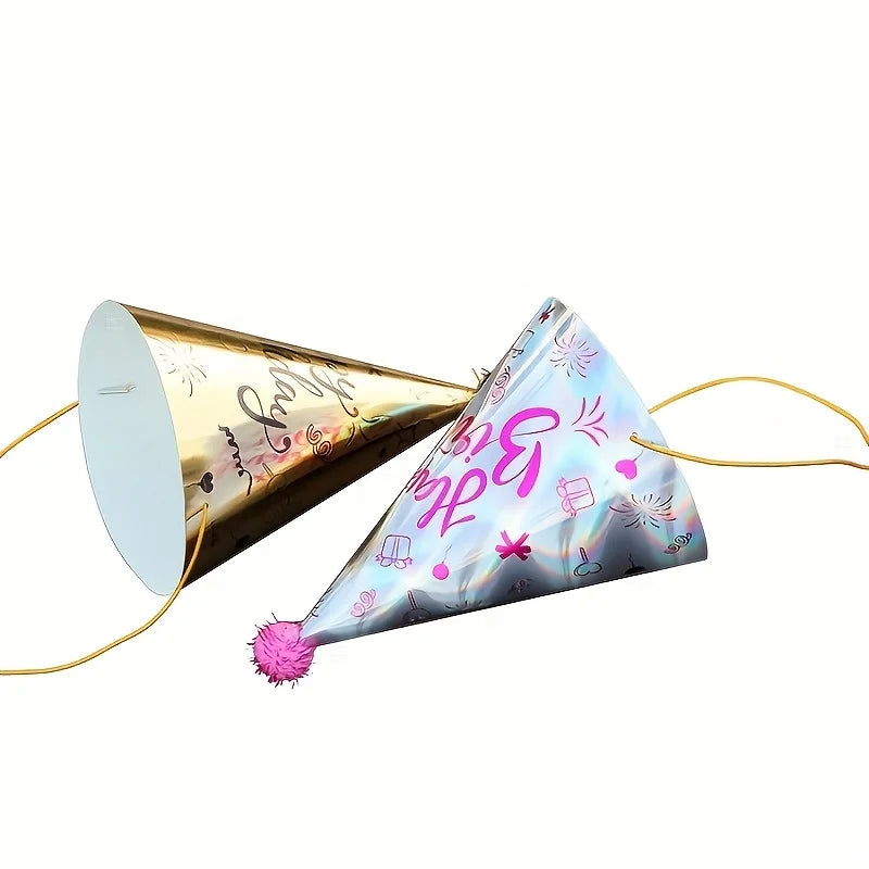 10pcs Birthday Party Hats Rose Red Gold Hairball Hats Festival Party Supplies Happy Birthday Headwear Cartoon Printed Paper Hat
