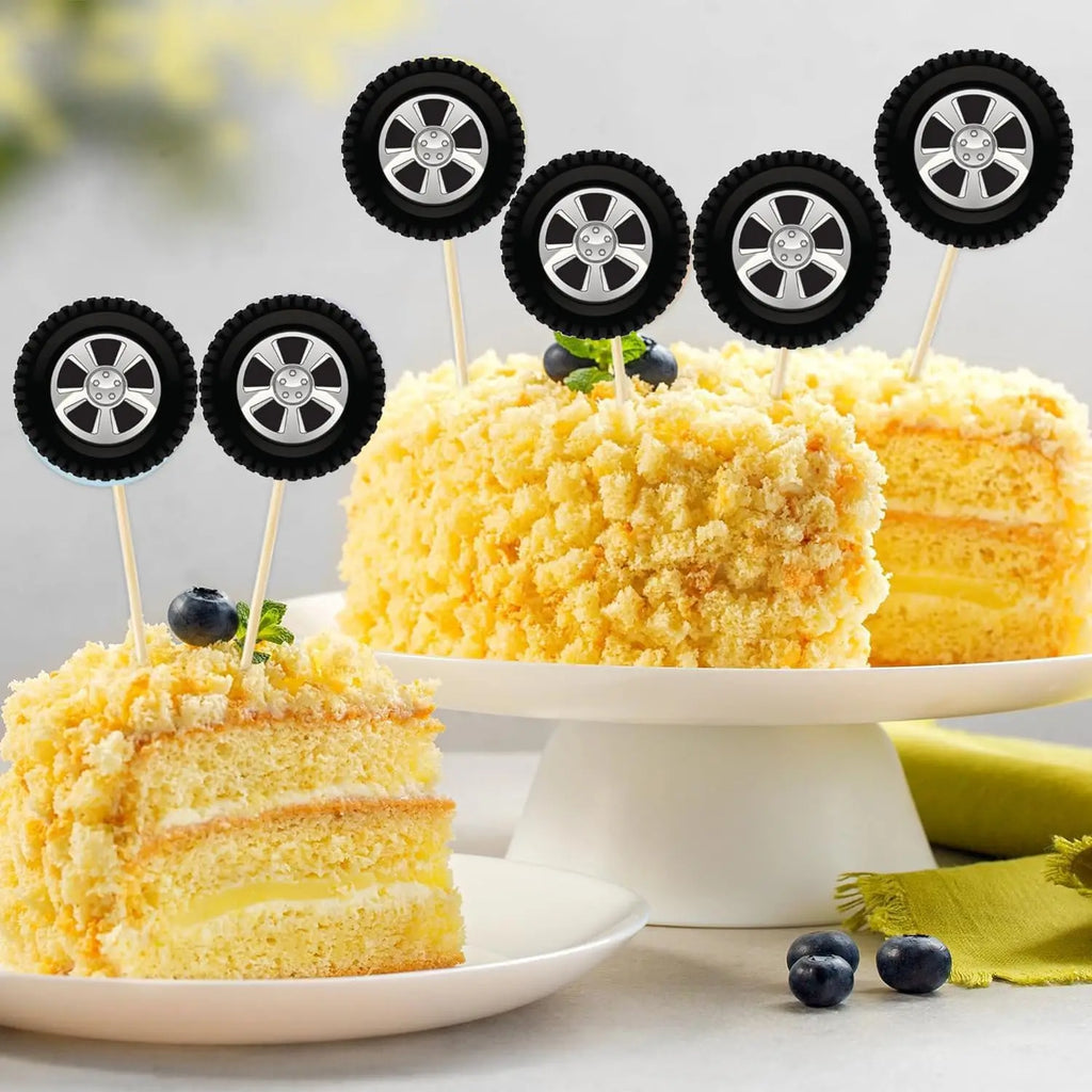 Wheel Racing Car Party Cake Decor Tire Cupcake Topper Mini Checkered Racing Flag Cupcake Toppers Racing Theme Party Supplies