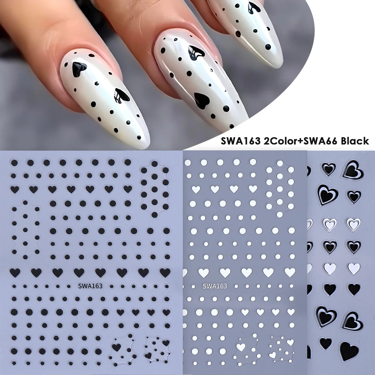 3pcs Valentine's Day Nail Art Stickers 3D Black White Pink Lines Love Heart Nail Decals DIY Adhesive Slider Manicure Decorations