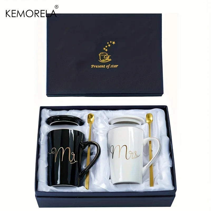 Elegant Golden Ceramic Coffee Cup Set with Lids 400ML Mugs for Men And Women Wedding Gift Set for Couples