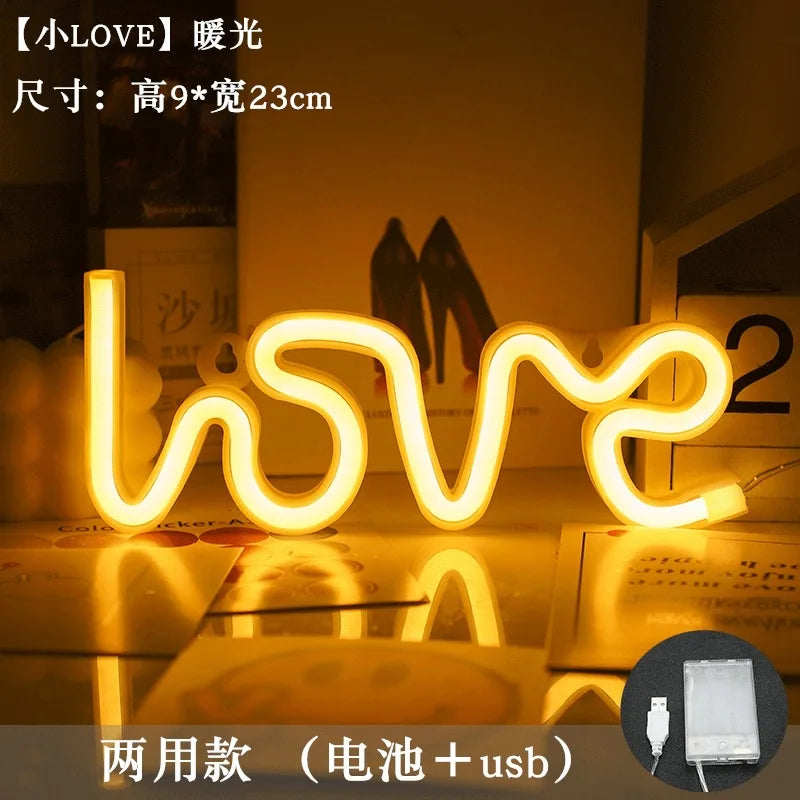 LED Neon Light Wall Sign Love Shape Night Light USB Battery Powered Neon Night Lamp Bedroom Home Decor Valentine's Day Gifts