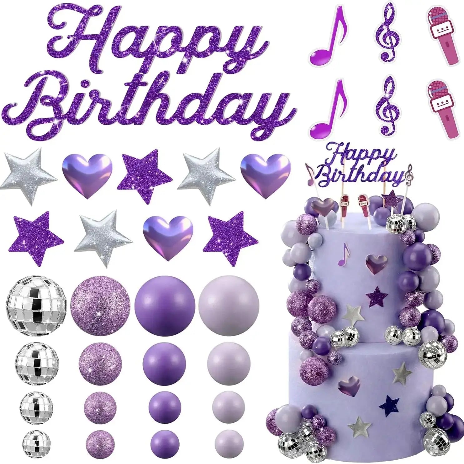 K-Pop Theme Cake Topper Kit: 3D Disco Balls, Heart, Stars & “Happy Birthday” – Ideal for Music Lovers
