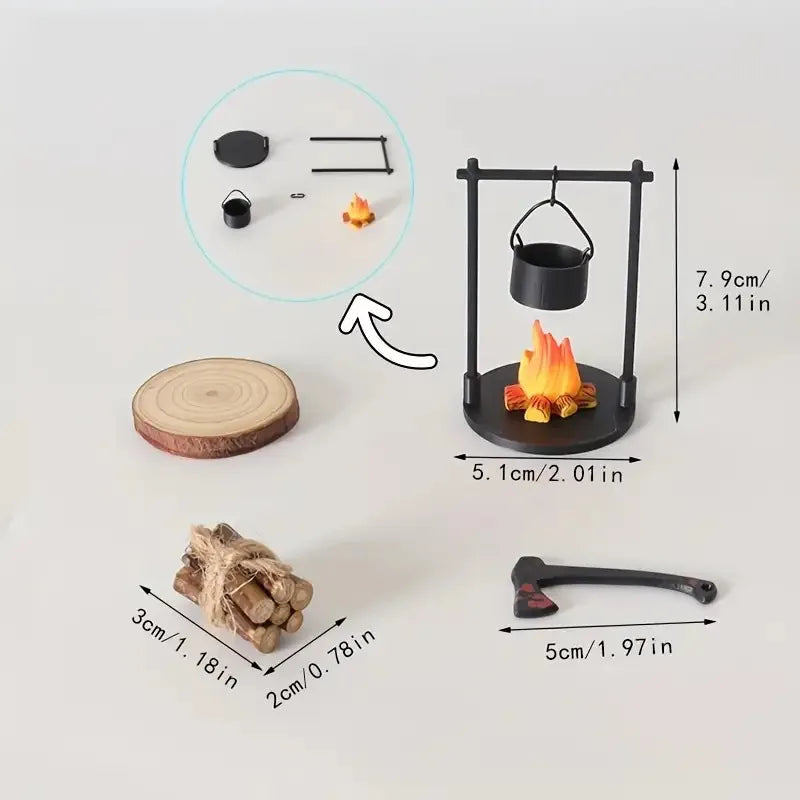 Mini Campfire and Teapot Miniature Statue Ornament Home Kitchen DIY Craft Accessories Desktop Photo Props Decor Christmas Gifts
