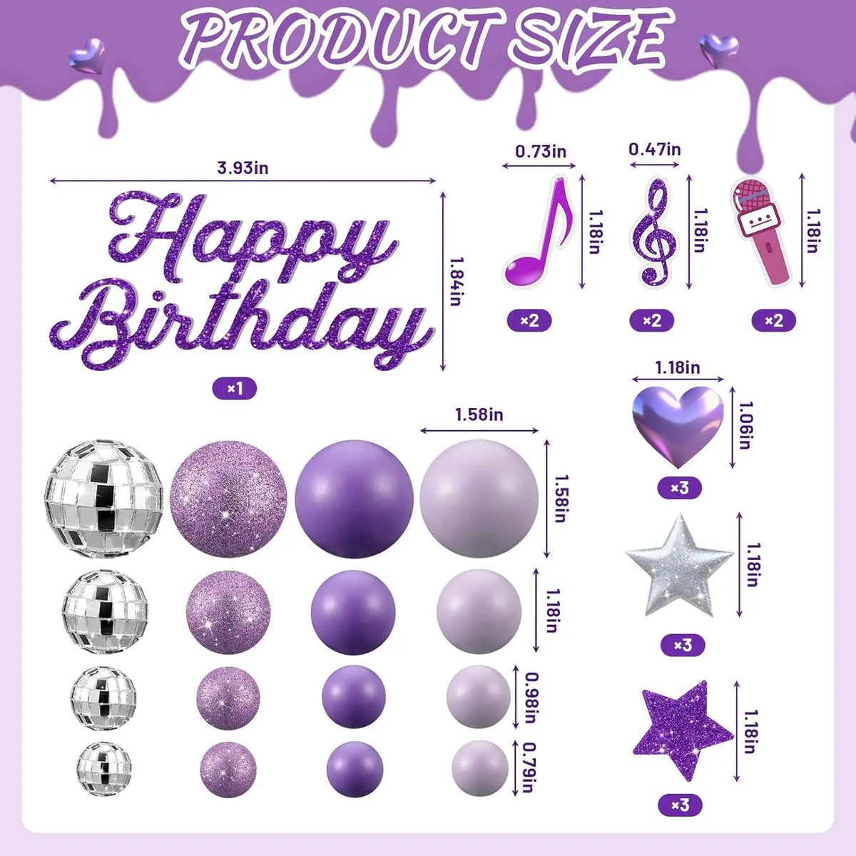 K-Pop Theme Cake Topper Kit: 3D Disco Balls, Heart, Stars & “Happy Birthday” – Ideal for Music Lovers