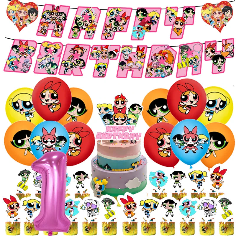 Cartoon Powerpuff Girls 1-9th Birthday Party Balloon Decoration Kit Number Foil Balloon Cake Topper Baby Shower Favors Globos