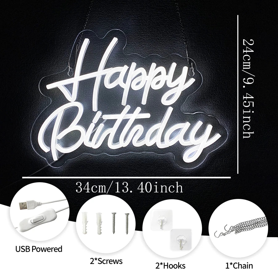 Happy Birthday Neon Sign for Wall Decor, USB Powered LED Neon Sign with Switch, Ideal for All Ages Home Party Decor