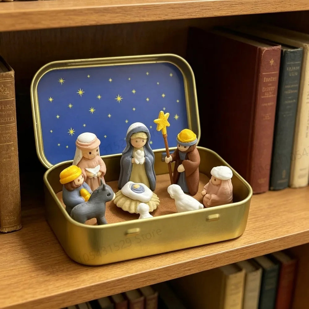 Christmas Nativity Scene Figurines in Metal Tin Box Mini Jesus Birth Set Religious Xmas Gift for Home Table Decor