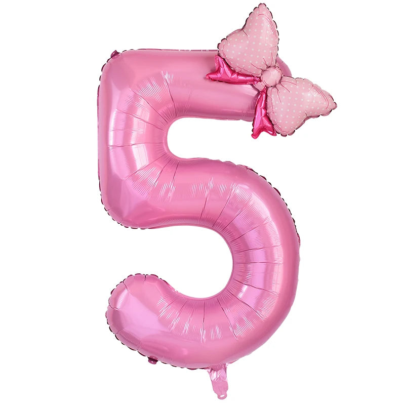 1Pc Large 40inch Number Pink Foil Balloon With Bow 1 2 3 4 5 6 7 8 9 For Kid Boys Girls Birthday Party Baby Shower Decorations