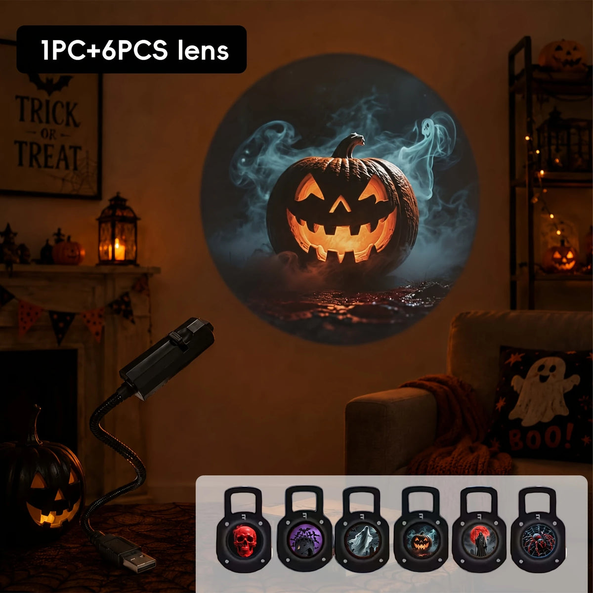 Halloween USB LED Projection Lamp 3/6pcs Patterns Light Ghost Witch Skeleton