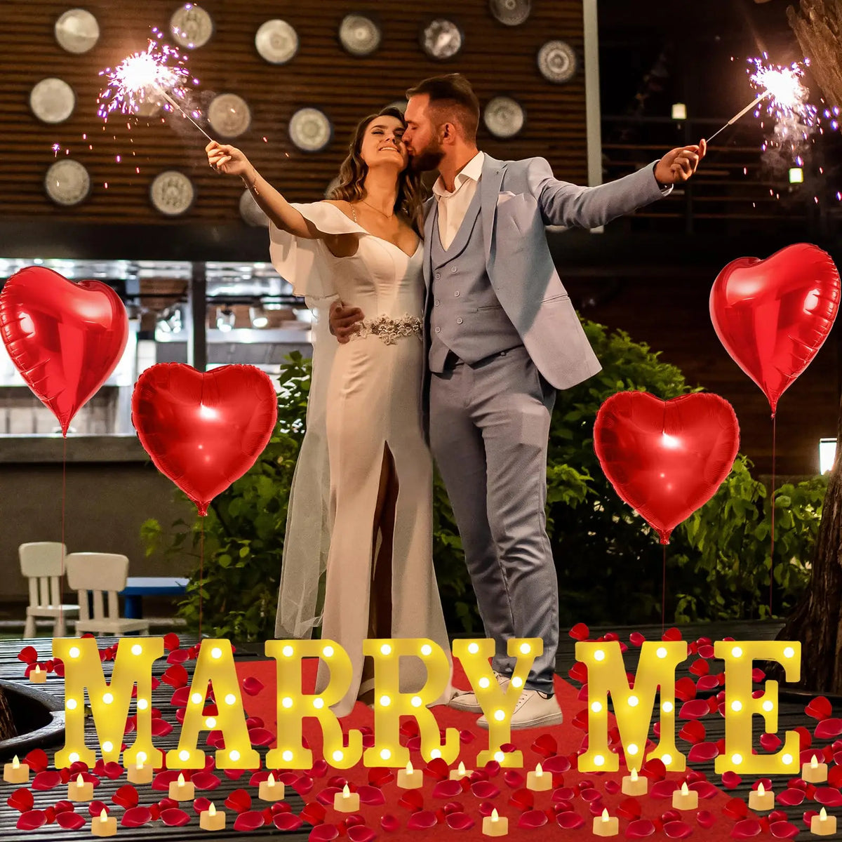 Proposal Decorations Kit Marry Me Light Up Letters 2000 Rose Petals 24 Flameless Candles for Valentine Day Proposal  Engagement
