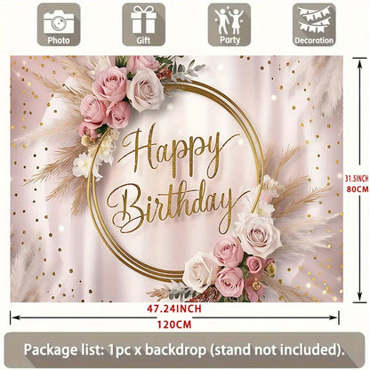 Happy Birthday Party Banner | Multi colored background with floral and gold glitter accents | Elegant Pink
